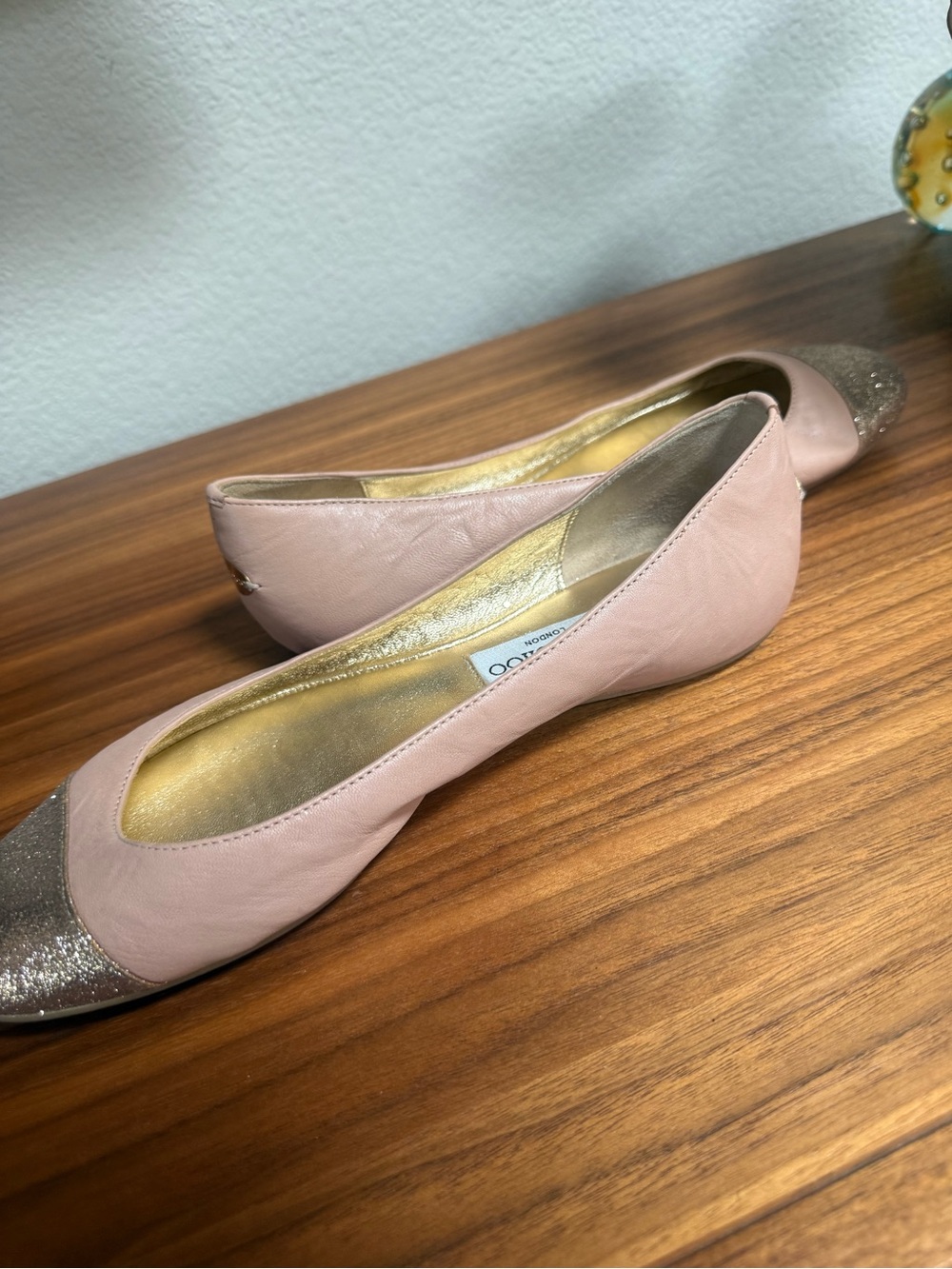 Jimmy Choo Blush Pink Ballet Flats with Glitter Rose Gold Cap Toe - Picture 6 of 10